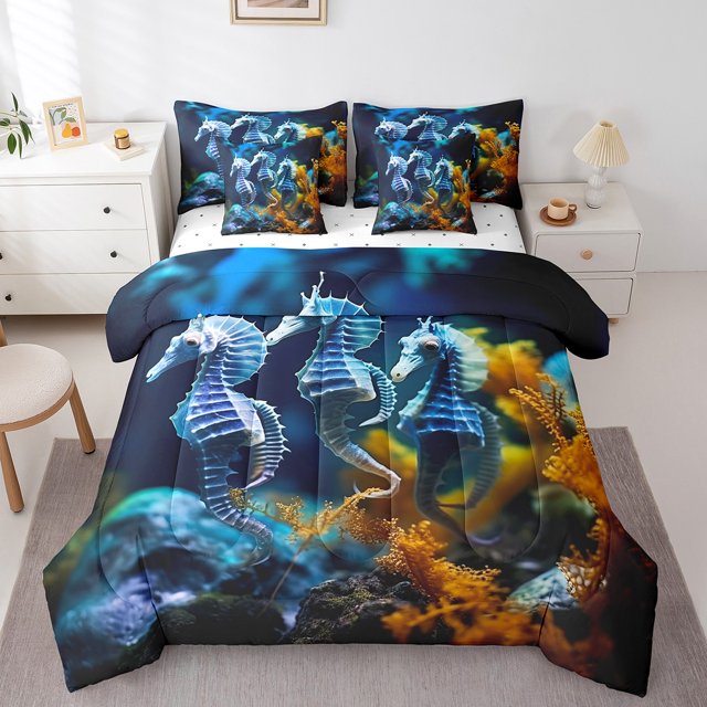 YST 3D Seahorse Bedding 7-Piece Ocean Animal Printed Comforter Set, Full Size, Navy Blue
