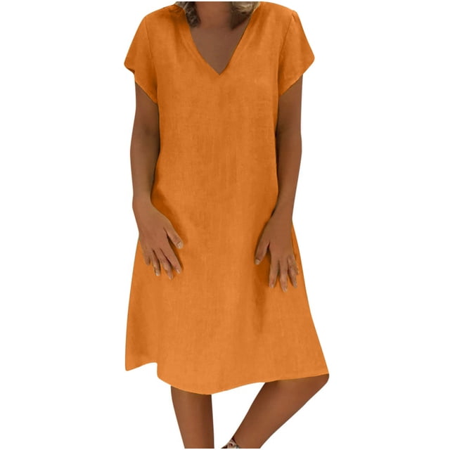 Cameland Robe d'Été Ample pour Femme à Col en V, Unie, à Manches Courtes, en Coton et Lin