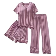 Ladies Pajamas in Clearance Womens 3PCS Pajamas Set Short Sleeve V Neck Tops Sleepwear Soft Pjs Loungewear 3 Piece Pajama Sets Shorts with Long Pant Cute Pajamas Set New Pinky-a 3XL