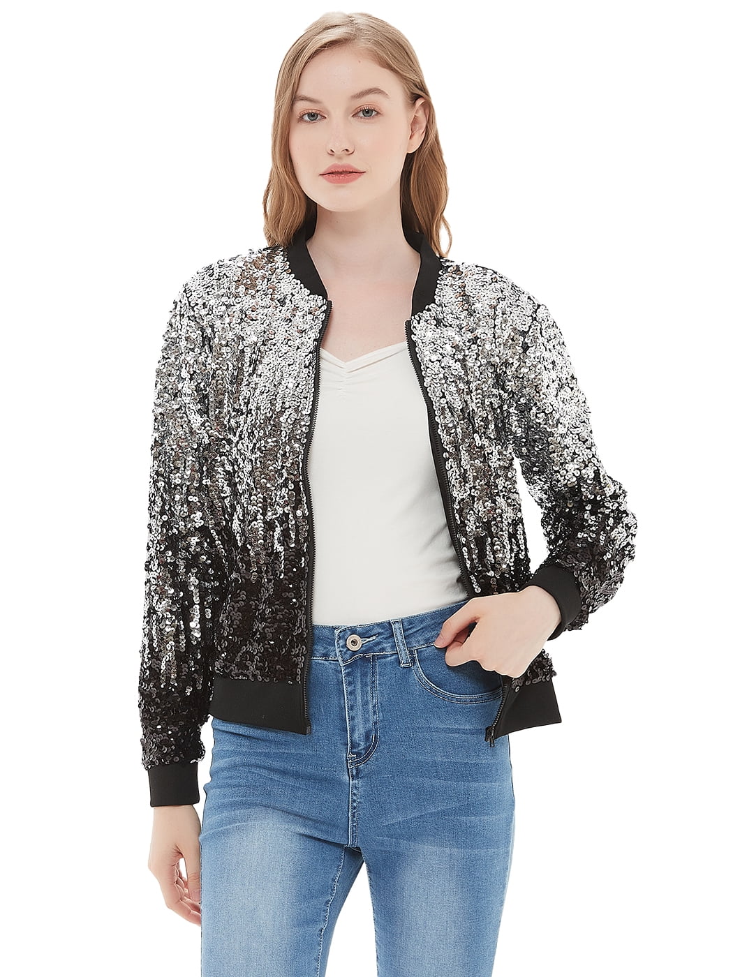 Veste à Paillettes pour Femmes à Manches Longues avec Fermeture Éclair Frontale et Poignets Côtelés