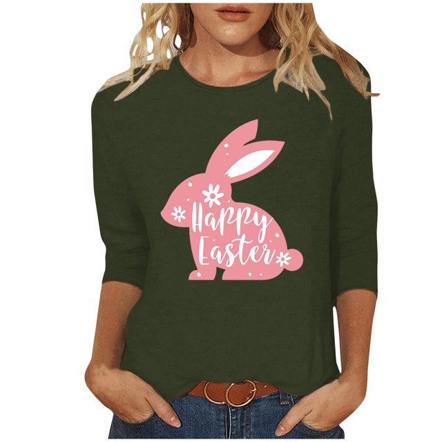 RKSTN Hauts pour Femmes Pâques Mignon Lapin Imprimé Coupe Ample Hauts Col Rond Manches 3/4 Printemps Été Blouse Douce Hauts