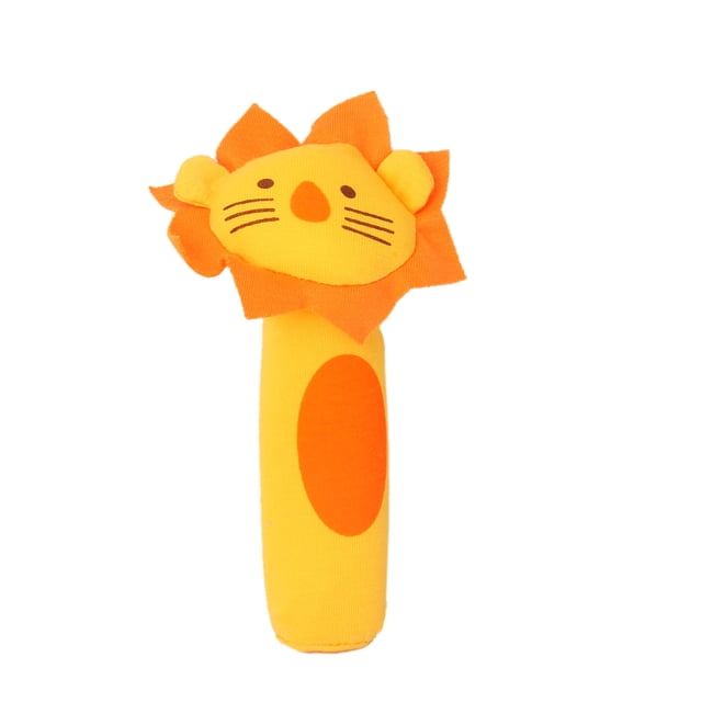 1pc Cute Soft Animal Hand Rattle with Squeaker for Baby Infant featuring an adorable lion design in yellow and orange. Made of polyester fabric with a soft texture, it measures approximately 5.5 x 2.9 inches (14 x 7.5 cm). The rattle produces a crisp sound when gripped, stimulating a baby's visual, auditory, and tactile senses while promoting muscle coordination. Suitable for infants under parental supervision.