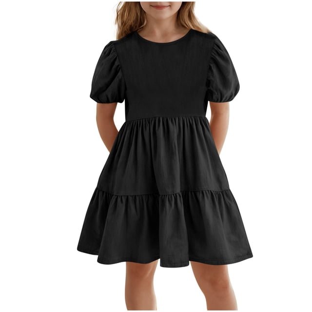 Mgmyaa Robe d'Été à Volants à Manches Courtes Smockée pour Filles, Col Ras du Cou, Ligne A, Fluide, Mini, Taille 5-15 Ans
