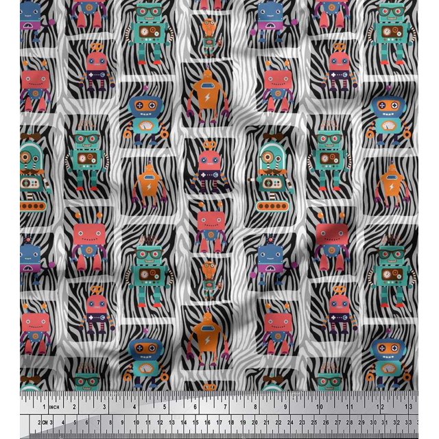 Soimoi Modal Satin Fabric Woodgrain Texture & Cartoon Machine Hardware Print Fabric by Yard 42 Inch Wide