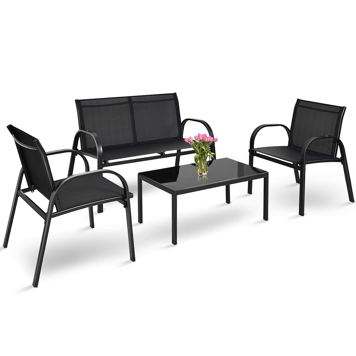 Costway 4pcs Patio Furniture Set Sofa Coffee Table Steel Frame Garden Deck Black