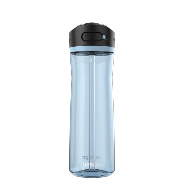 Contigo Ashland 2.0 Leak-Proof Water Bottle with Straw and Carry Handle in glacier blue, featuring a BPA-free translucent Tritan plastic body, black push-button AUTOSPOUT lid with lock, integrated carry handle, and angled pop-up straw for easy one-handed, spill-proof drinking, dishwasher safe and fits most cup holders, also ideal for outdoor and travel hydration.
