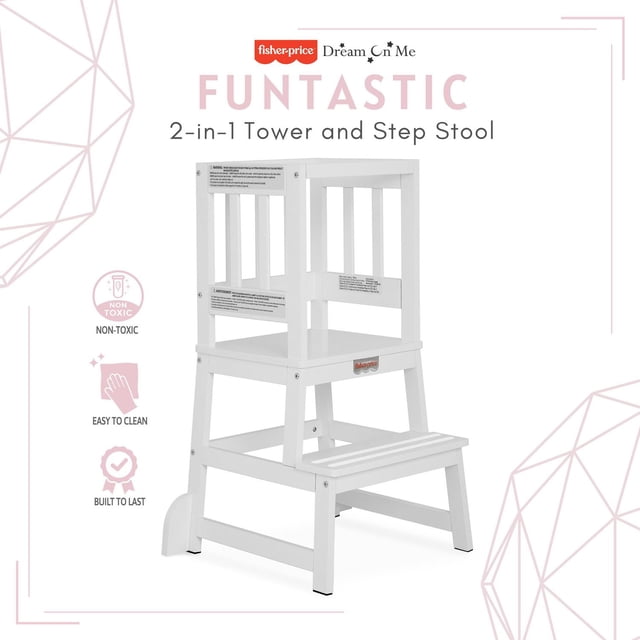 Fisher Price 2-in-1 Funtastic Tower and Step Stool in white solid wood with child safety rails, anti-slip top platform, and skid-resistant feet, designed for toddler use as a step stool and learning tower.