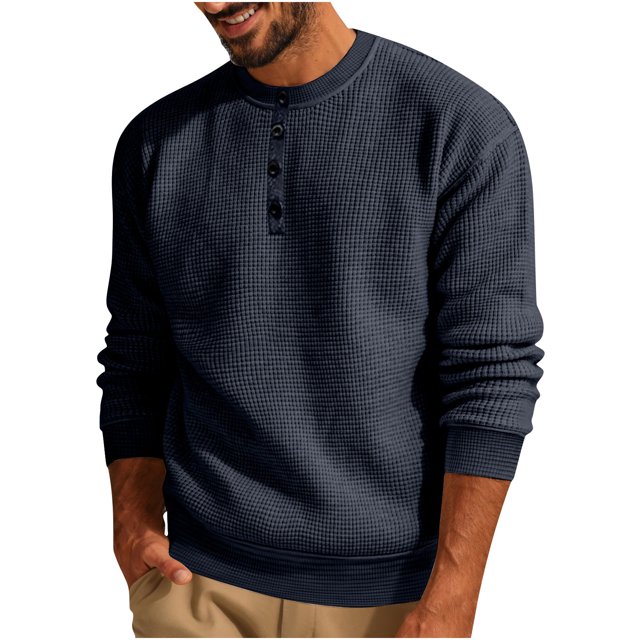 Penkiiy Men's Solid Color 3-Button Round Neck Waffle Long Sleeved Shirt Navy