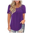 thumbnail image 2 of MRULIC T-Shirts pour Femmes Mode Dentelle Unie Col Rond Manches Courtes T-Shirt Blouse Hauts T-Shirts Femmes Violet + S, 2 of 3