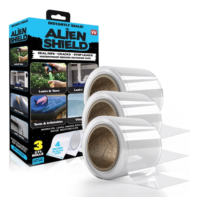 Alien Shield Transparent Sealing Tape waterproof repair tape adhesive strips patch tape 3 rolls with packaging, each roll clear, 5 feet long and 4 inches wide, designed to instantly seal leaks, cracks, and tears on indoor and outdoor surfaces including pipes, tents, vinyl, and inflatables.