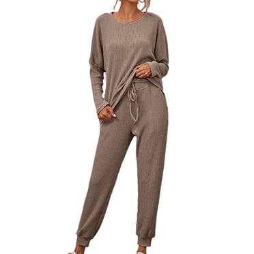 yoeyez Two Piece Womens Pajama Sets Ribbed Knit Comfy Long Sleeve Lounge Sets 2 Piece Matching Pj Sets with Pockets Long Pants Soft Sleepwear Coffee 5XL