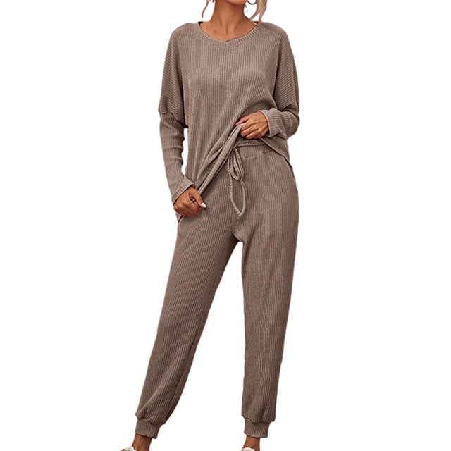 Mrat Knit Two Piece Outfits for Women Long Sleeve Ribbed Tops Drawstring Pants with Pockets Sweatsuit Set S-2 Coffee 3XL