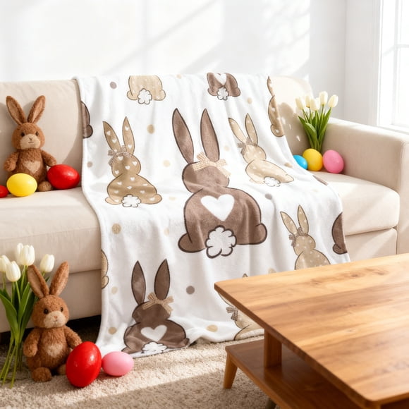 Tdxkok Easter Blanket Bunny Easter Eggs Print Stuffed Blanket Suitable for Sofa Bed Spring Holiday Decoration Easter Decorations