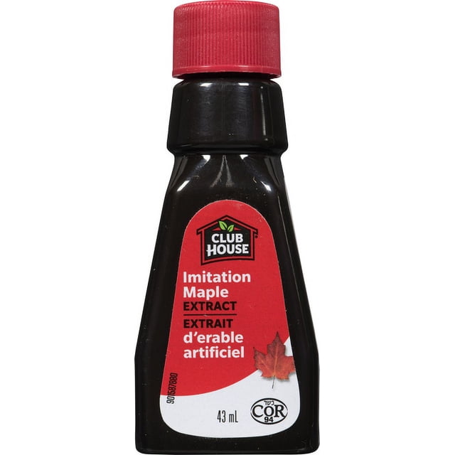 Club House Extrait d'Érable Imitation dans une Bouteille en Plastique Noire de 43 ml avec un Bouchon à Vis Côtelé Rouge et une Étiquette Rouge et Blanche Mettant en Vedette le logo Club House, Texte Bilingue Anglais et Français, et un Graphique de Feuille d'Érable, Idéal pour Rehausser la Saveur d'Érable dans la Pâtisserie, les desserts et les sauces.
