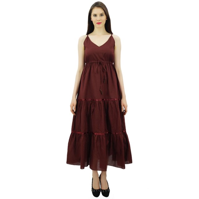 Bimba Women's Sundress Long Maxi Drawstring Waist Spaghetti Strap Dresses