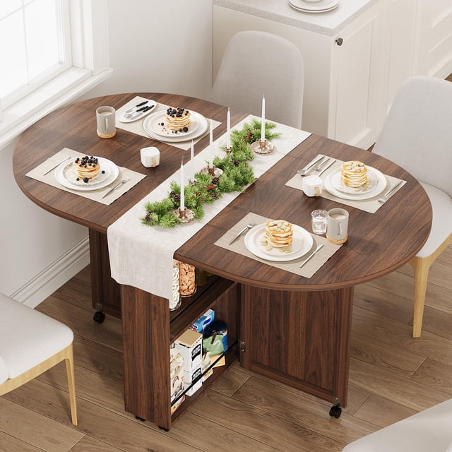 CazToi Folding Oval Dining Table 4-6 People Kitchen Table Space-Saving Foldable Design Modern Collapsible Dining Table