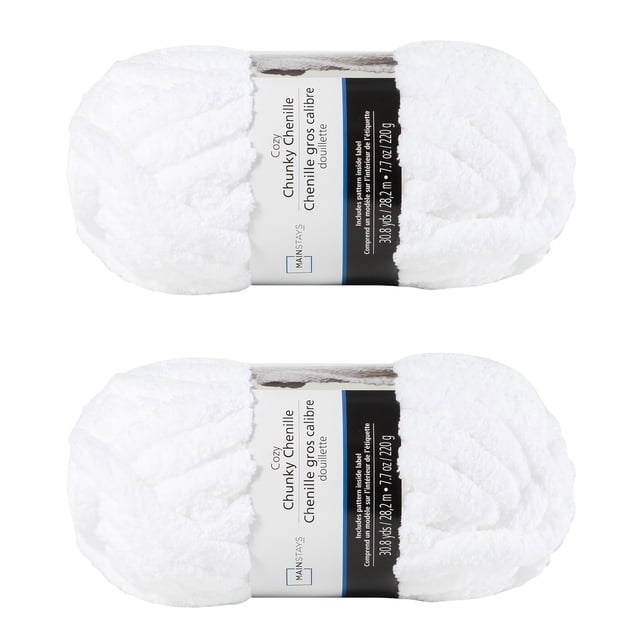 MAINSTAYS Lot de 2 Fils de polyester Blancs à texture chenille Épaisse, Chaque Écheveau 28,2 Mètres (30,8 Verges) et 220 Grammes (7,7 Onces), Idéal pour Tricoter des Couvertures, des Oreillers et des Foulards, Souvent Utilisé pour des Projets Rapides et Grands et une Déco Intérieure Douillette.
