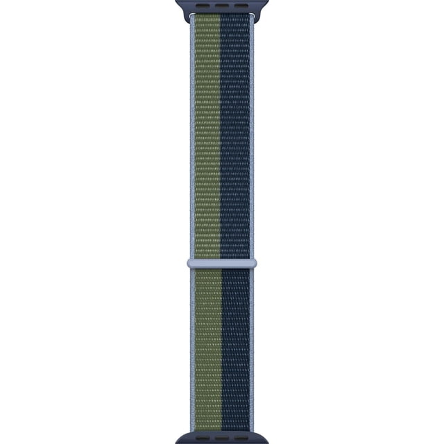 Apple Watch™ 41mm Abyss Blue/Moss Green Sport Loop band made of soft, breathable woven nylon with a double-layer weave, featuring moss green and abyss blue vertical stripes, light blue edges, and a hook-and-loop fastener for easy adjustment and secure fit.