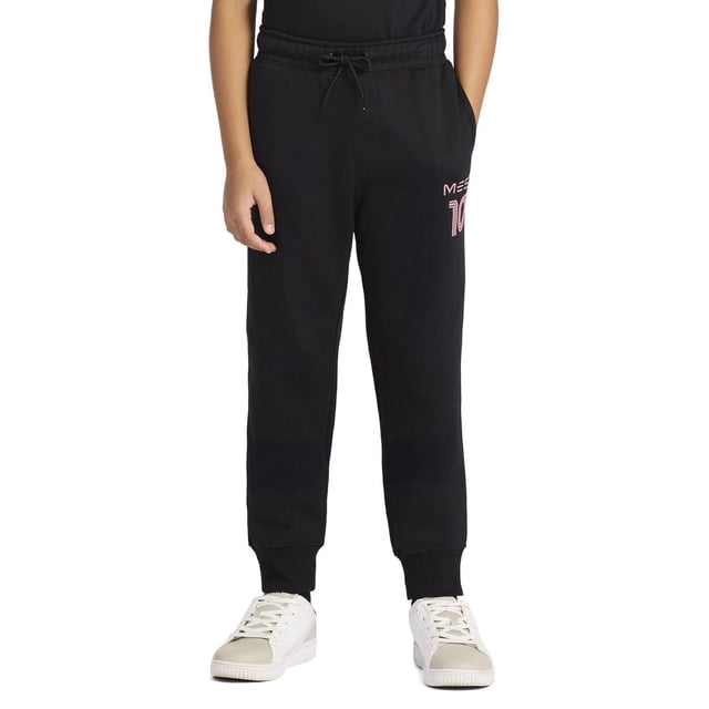Messi Kids Jogger in black fleece with elastic waistband and drawstring, pink Messi 10 logo on left thigh, cuffed pant legs, made from soft cotton-polyester blend, machine washable, suitable for boys' activewear bottoms and casual wear.