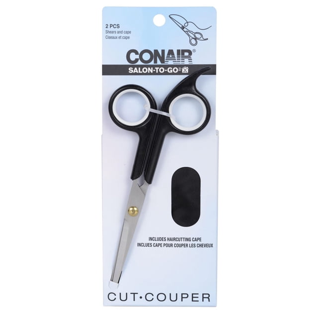 Conair Salon-To-Go Shears with Cape featuring stainless steel hair cutting shears with black ergonomic handles and white finger inserts, paired with a black hair cutting cape for convenient home haircuts.