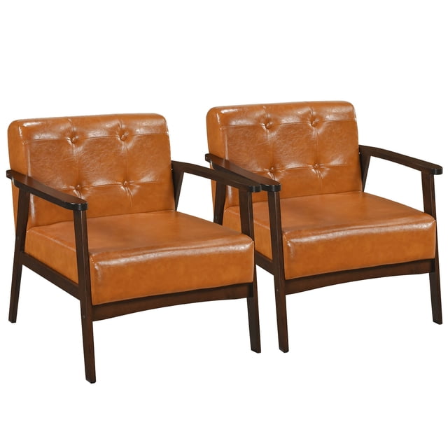 Costway 2PCS Accent Chair Button Tufted Mid-century Modern Lounge Chair with Armrest Caramel