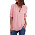 thumbnail image 2 of Hauts d'Été Chemises à Manches Longues d'Été pour Femmes Tunique Décontractée à Fermeture Éclair Col en V Blouse Roulable Hauts Blouse pour Femmes Habillé Décontracté en Liquidation, 2 of 7