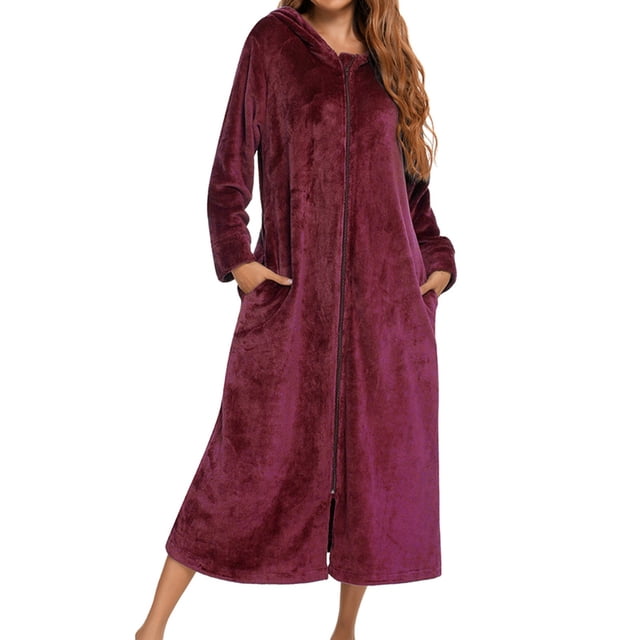 Kcodviy Flannel Long Sleeve Robe Womens Robes 3X with Hood and Zipper Robes with Hood Couples' Sleepwear for Autumn Women Shower Robe with Hood and Winter