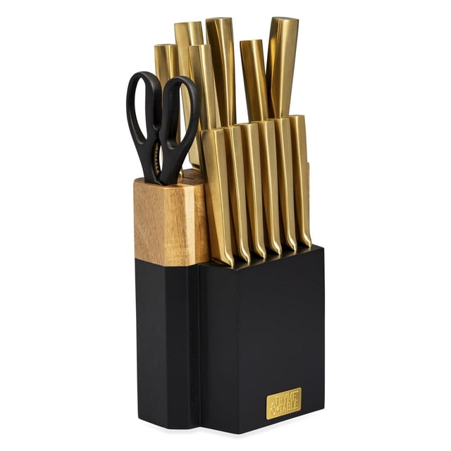 Thyme & Table 15-Piece Knife Block Set with Knife Sharpener featuring gold-tone stainless steel knives and black kitchen shears in a black and natural wood kitchenware block with a gold Thyme & Table logo plaque, suitable for versatile cutlery and sharpening tasks