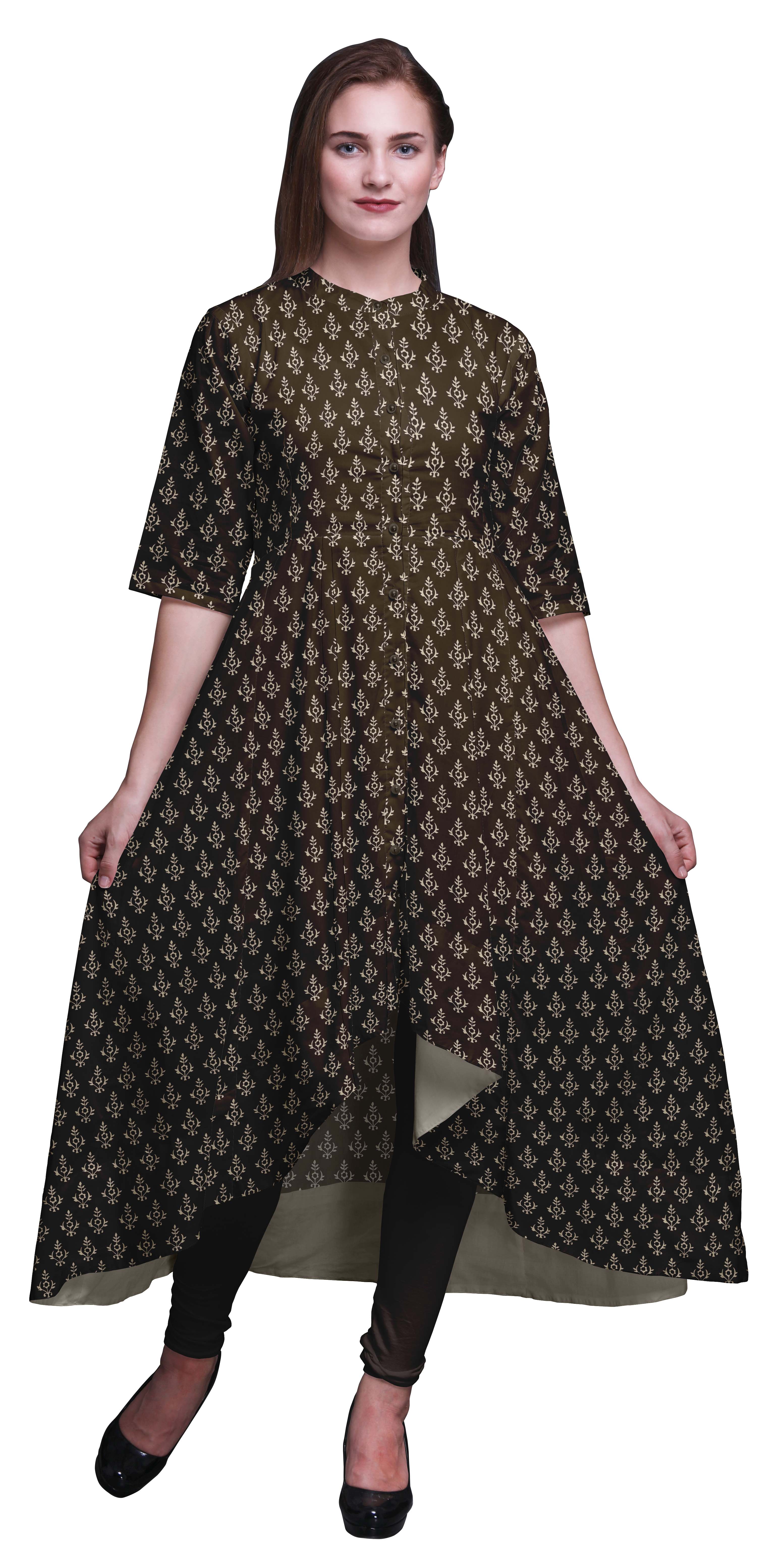 Bimba Robe Asymétrique Anarkali Kurti Imprimée Ethnique Indienne à Blocs Floraux Brune pour Femmes - X-Grand