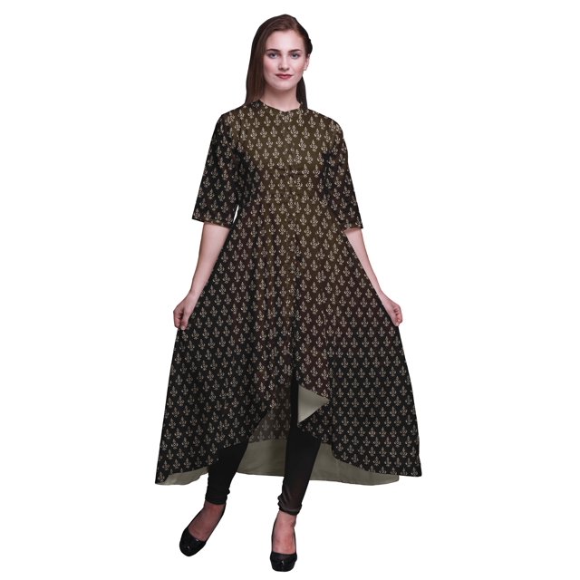 Bimba Robe Asymétrique Anarkali Kurti Imprimée Ethnique Indienne à Blocs Floraux Brune pour Femmes - Moyen