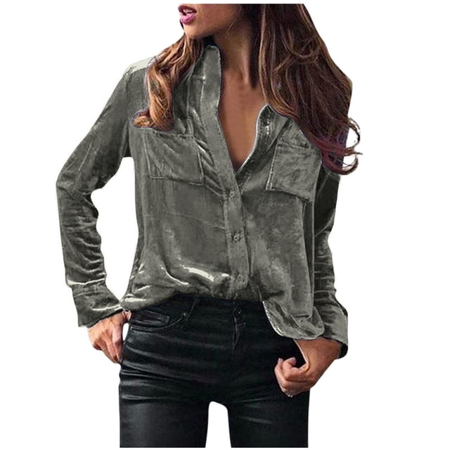 Plebaso Women's Velvet Long Sleeve Button down Shirts Fall Winter Tops Womens Dressy Blouses with Pockets