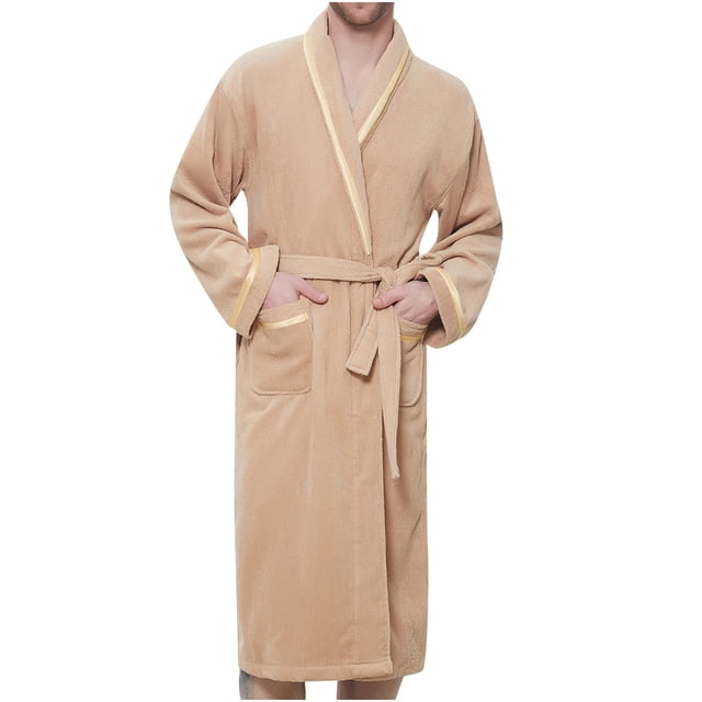 Penkiiy Robe en Molleton Peignoir Homme Uni Décontracté Garder au Chaud Poche Robe de Nuit Peignoir L Café