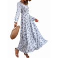 thumbnail image 3 of Robe Longue Évasée à Imprimé Floral pour Femme, Col en V, Manches Longues, Décontractée, Portefeuille, Automne, Plage, Évasée, Blanche, P, 3 of 9