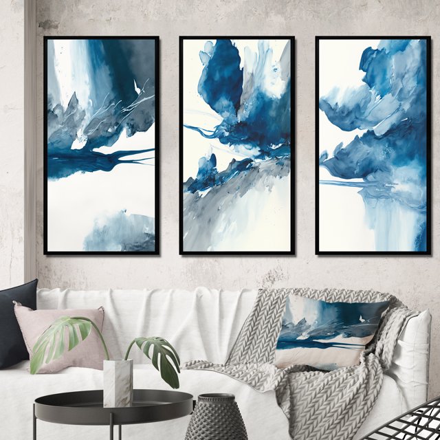 Designart "Solitary Majesty in Imperial Blue Splendor I" Abstract Liquid Ink Framed Wall Art Set Of 3 - Blue Modern Frame Canvas Set For Living Room Decor
