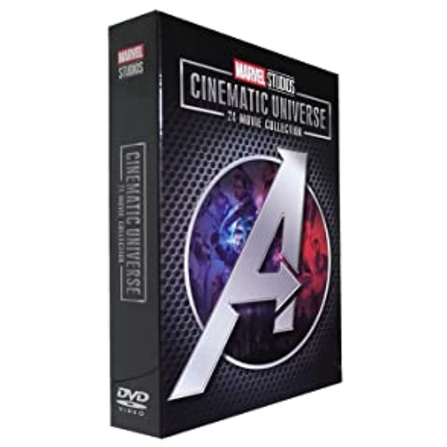 Marvel Collection de 24 films de Studios DVD par Canadian Hub, Présentant un design Élégant en Boîte Noire avec le logo Emblématique Avengers « a » et des Oeuvres de Personnages Vibrantes. Cette Collection Comprend 24 films de l'Univers Cinématographique Marvel en format DVD.