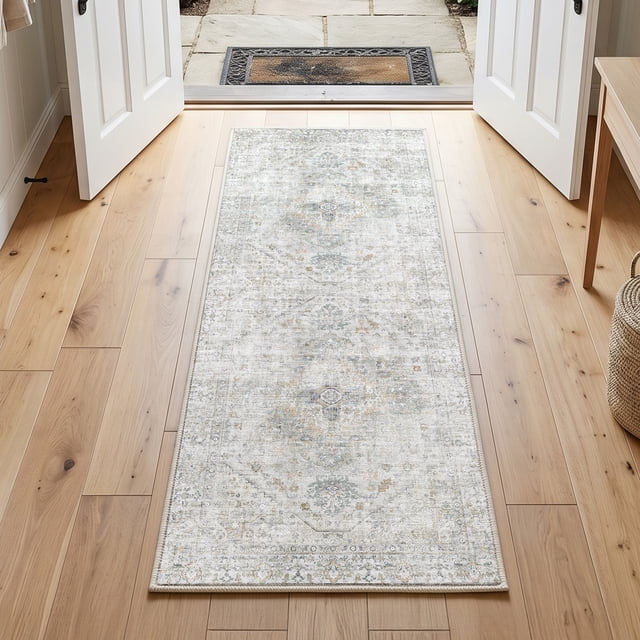 Exenoray Washable Bohemian Rug, Non-Slip Low Pile Printed Carpet, Faux Cashmere Surface, Light Blue 2*6