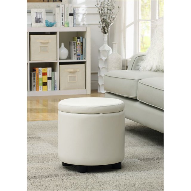 Designs4Comfort Pouf Rond d'Appoint avec Rangement en Similicuir Ivoire Blanc