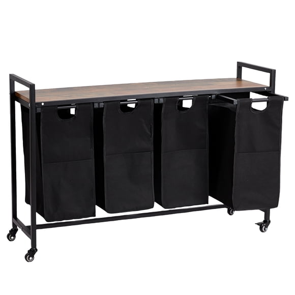 Laundry Sorter 4 Sections, Laundry Hamper with Wheels, 43.66 x 13 x 28.4 Inche , Rolling Laundry Basket,for Home/Hotel Black Black