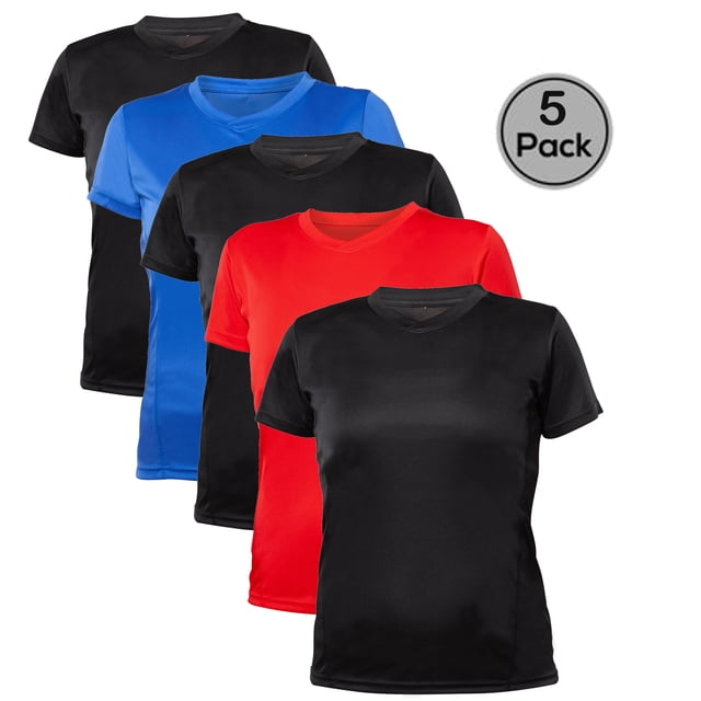Blank Activewear Lot de 5 t-shirts pour Femmes en Tissu de performance à Séchage Rapide, avec Manches Courtes et Encolure en V. le Lot Comprend Cinq t-shirts Légers et Respirants en Couleurs Noir, Bleu et Rouge. Fabriqués en Tissu interlock en polyester 100 % Qui Évacue l'Humidité, d'Un Poids de 140 G/m2, Ces Chandails Sont Conçus pour la performance et la Durabilité, avec Manches à Double Aiguille et Ourlets. Idéal pour la Course, les Entraînements et l'Usage Quotidien. Sans Étiquette avec Étiquettes Détachables pour un Confort Accru.