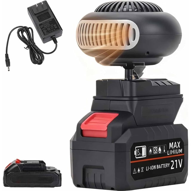 Battery Powered Portable Heater - Rechargeable Car Heater with a 21V lithium-ion battery. The heater features a black and red base, a top-mounted heating element with a vented grille, and includes a rechargeable battery and power adapter. Designed for cars, offices, and tents, it provides up to 35 minutes of cordless heating, quick windshield defogging, and anti-tilt safety protection.