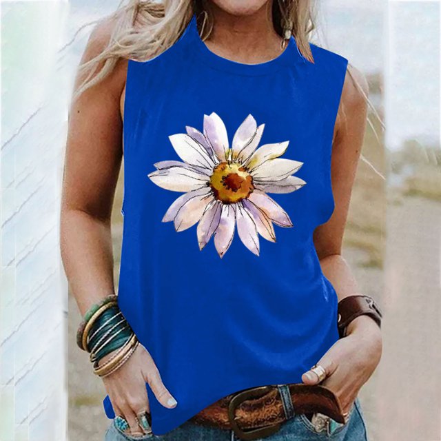 EGNMCR Camisoles pour Femmes T-Shirt d'Été Décontracté à Imprimé à Col Rond Ample Sans Manches pour Femme
