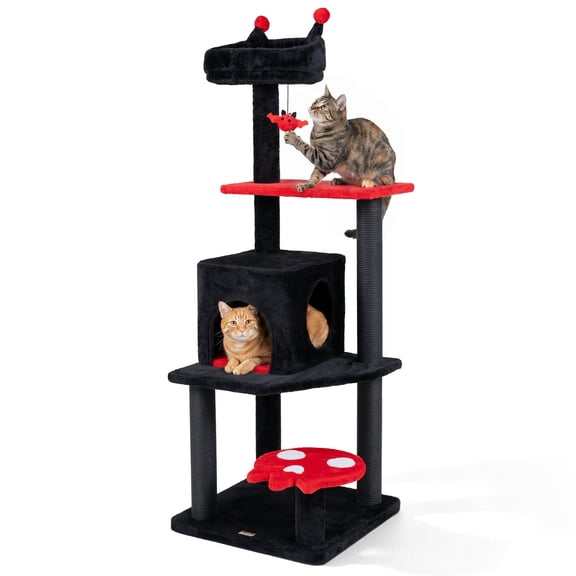Gymax Arbre à Chat Gothique de 57 Pieds' pour Chats d'Intérieur avec Perchoir Rembourré, Condo à 2 Entrées, Jouet Suspendu Rouge et Noir