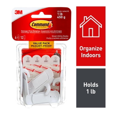 Command General Purpose Utility Hooks, Small, White, 6 Hooks, 12 Adhesive Strips