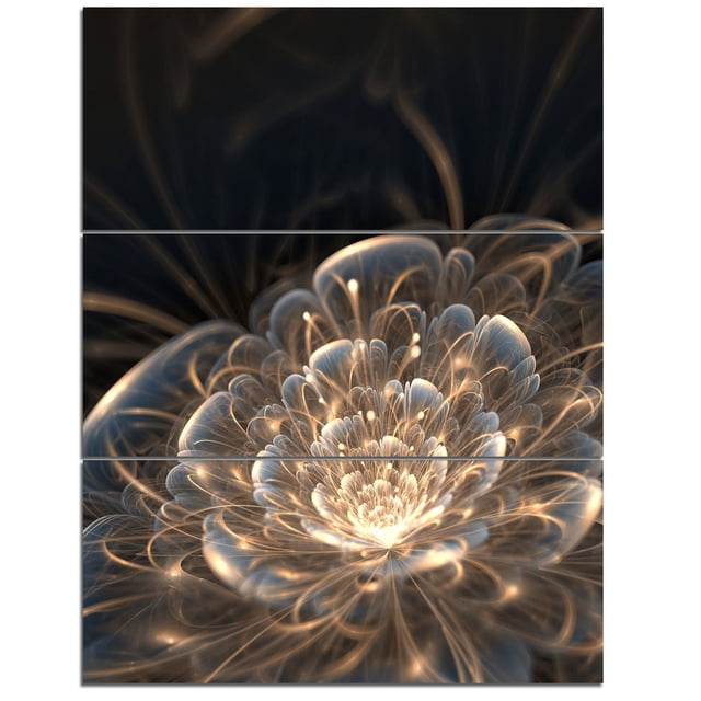 Design Art Fractal Flower with Golden Rays Floral Canvas Art Print featuring a three-panel gallery wrapped canvas with a glowing fractal flower in golden and white tones on a dark background, printed on high-quality cotton canvas, 28 by 36 inches, ready to hang with included hardware, suitable for adding modern elegance to home or office walls.