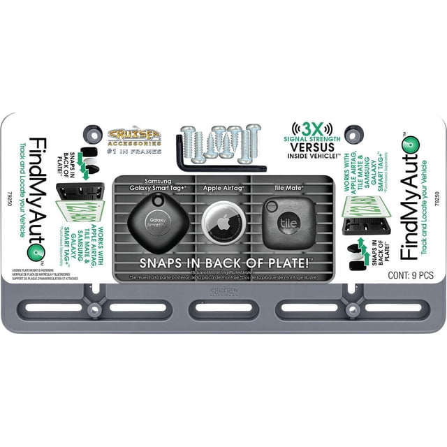 Cruiser Accessories Retrouvez Mon Support de Plaque d'Immatriculation Auto en Gris, Plastique ABS Stabilisé UV avec Vis de Montage et Clé Allen, Conçu pour Enclencher en Toute Sécurité Apple AirTag, Samsung Galaxy Smart Tag et Tile Mate, Traqueurs derrière une Plaque d'Immatriculation de Véhicule pour un Suivi Discret et un signal Bluetooth 3X Plus Puissant à l'Extérieur du Véhicule.