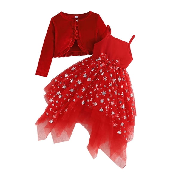 Zanarzt Toddler Girls Christmas Dress Girls Christmas Dress Snowflake Bow Mesh Dress Long Sleeved Coat Two Piece Set Red,5-6 Years