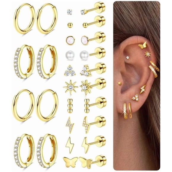 Flat Back Gold Earrings for Women Trendy Hypoallergenic Surgical Steel Earrings for Sensitive Ears-20G Cartilage Earring Stacks 14K Gold Plated Small Flatback Stud Hoops Cartilage Earring Set