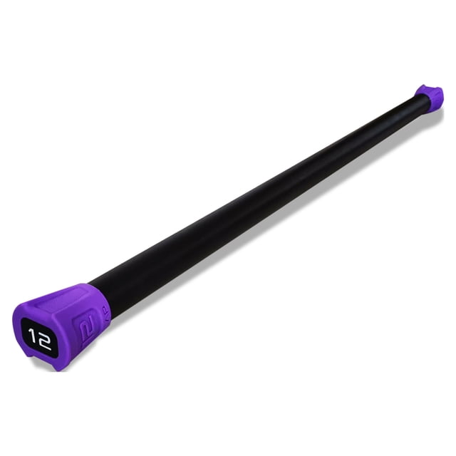 CAP Barbell, Weighted Workout Bar, 20 lb, shown diagonally with a black foam exterior and purple oval end caps marked 12, designed for strength training, conditioning, and balance exercises, featuring even weight distribution and a comfortable EVA foam grip that protects floors.