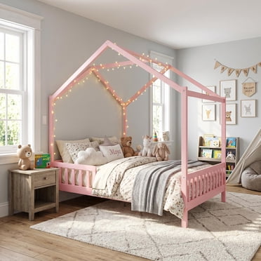 Homy Casa Lit cabane Montessori taille complète avec baldaquin, cadre en bois rose pour enfants avec barrières, sûr et robuste