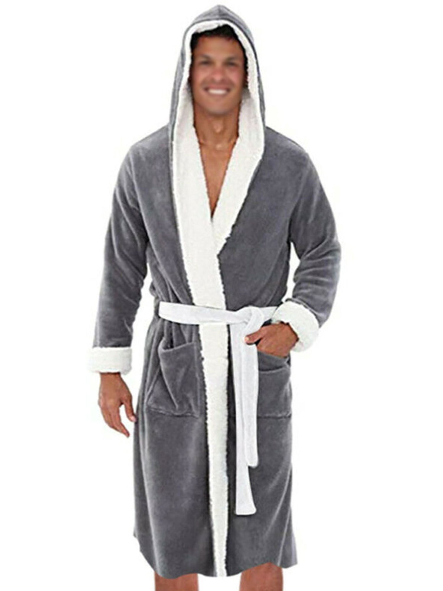 Innerwin Bath Robes Hoodie Men's Wrap Robe Winter Long Sleeve Soft Dressing Gown Gray White 4XL